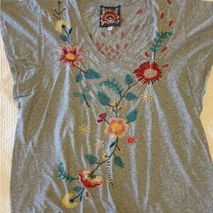 Johnny Was Gray Tee with Colorful Floral Embroidery